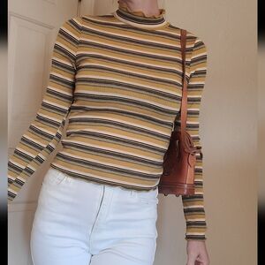 See you Monday yellow black cream gray striped long sleeve mock neck size medium